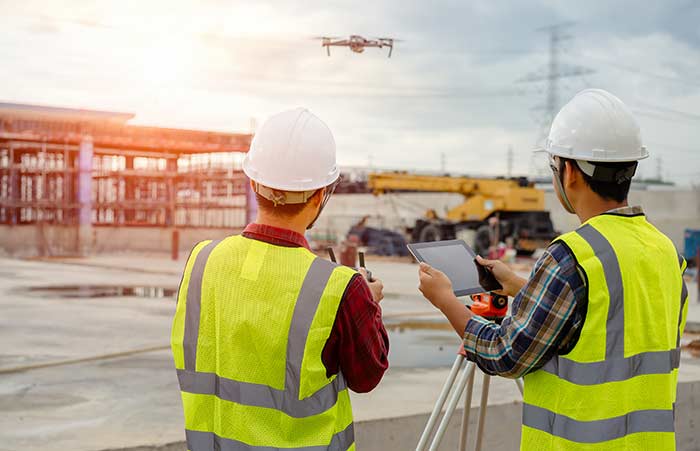 Two workers in safety vests looking at sunset construction site